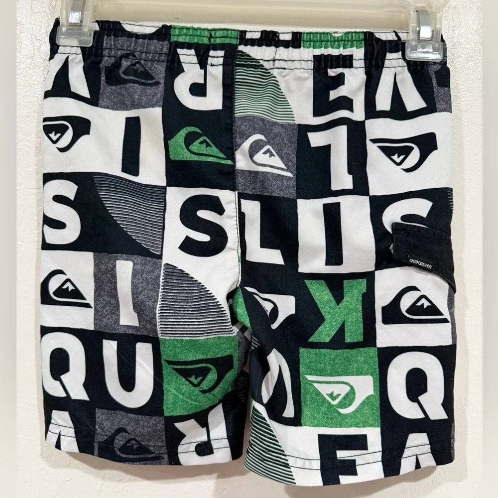 Quiksilver Kids Swim Trunks Board Shorts - Green, Black, and White